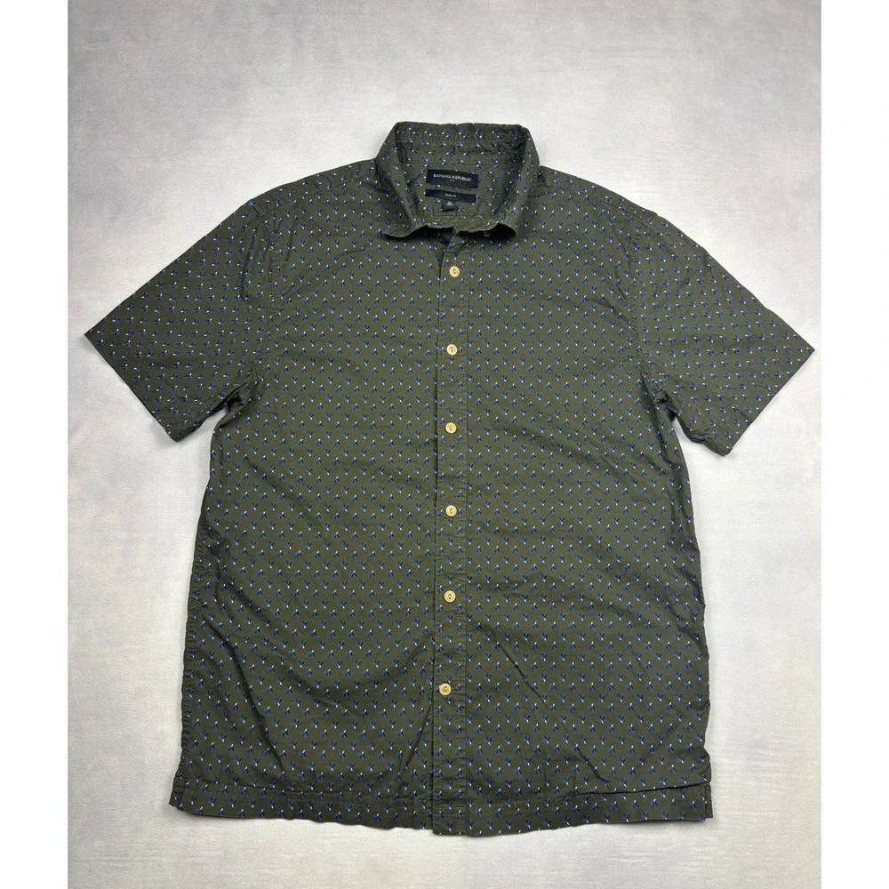Banana Republic Mens Slim Fit Short‎ Sleeve Organic Cotton Shirt Olive Green M